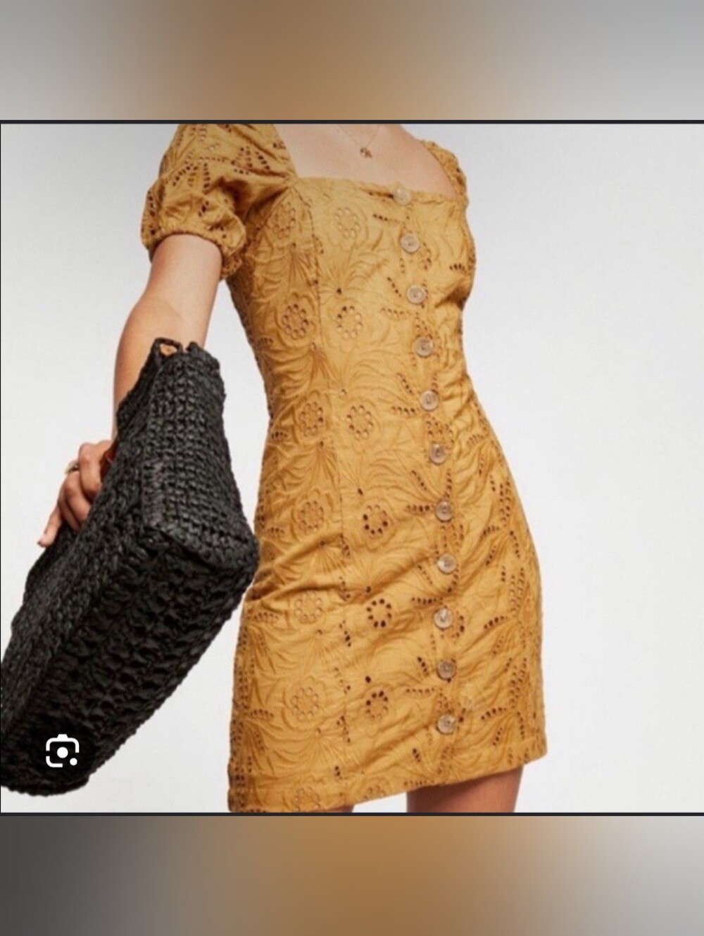 Free People Mustard Eyelet Button-Front Mini Dress